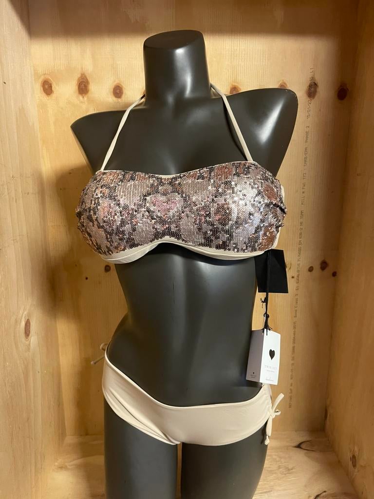Twinset halter bikini maat 85b slip 42 Bandeau glitter, Verzenden, Nieuw, Beige, Bikini