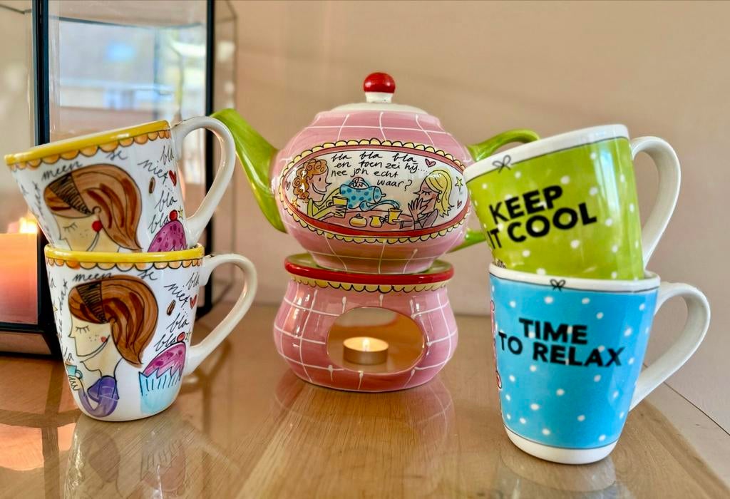 Blond Amsterdam theepot met theelicht en 4 mokken, Ophalen, Gebruikt, Blond Amsterdam, Keramiek