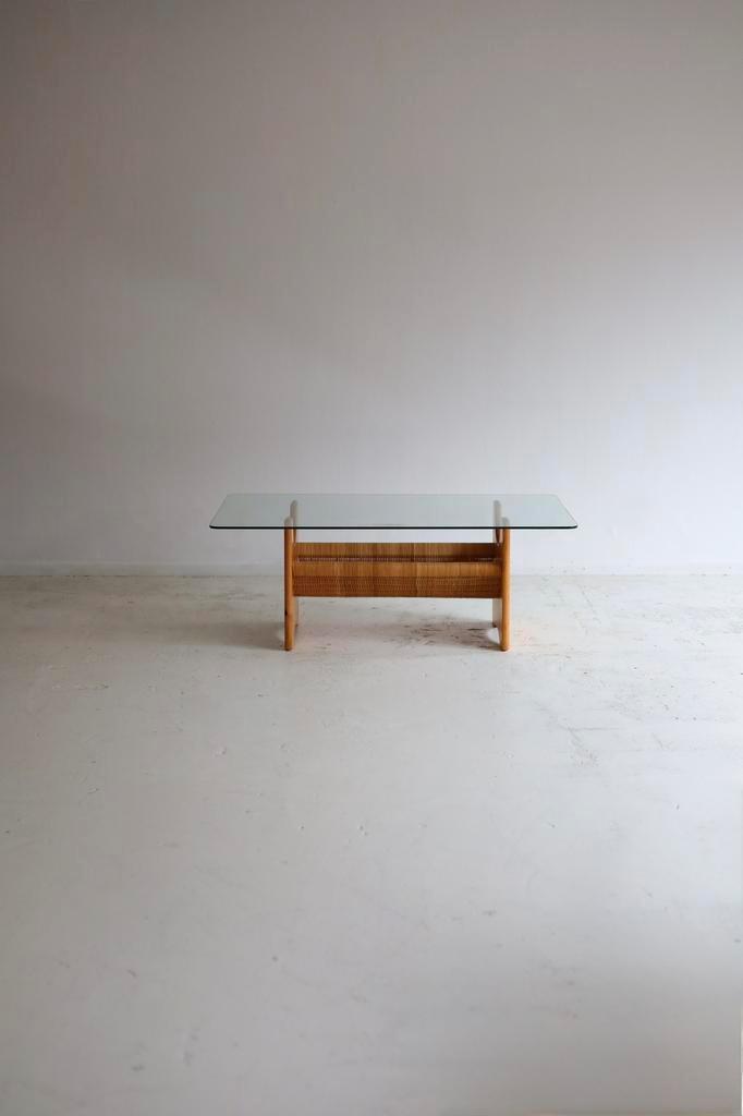 Vintage salontafel, glas en riet, Huis en Inrichting, Tafels | Salontafels, Zo goed als nieuw, Minder dan 50 cm, 50 tot 100 cm