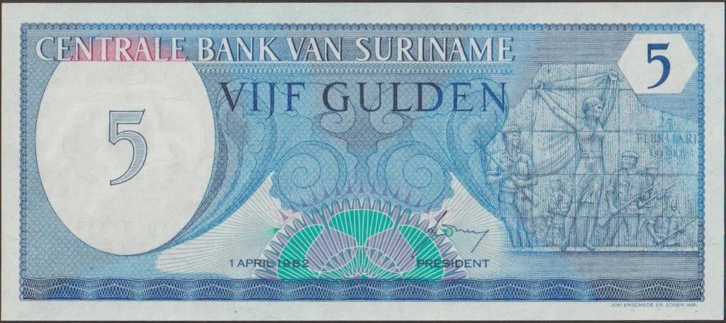 Suriname 5 gulden 1982 UNC p.125 (# 286), Postzegels en Munten, Bankbiljetten | Amerika, Verzenden, Zuid-Amerika, Los biljet