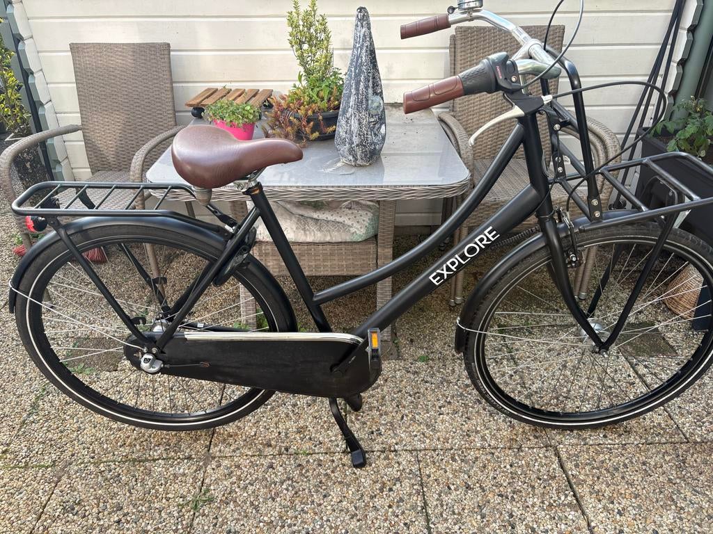 Damesfiets Explore - Zwart met bruin zadel, Terugtraprem, Gebruikt, Versnellingen, 50 tot 53 cm