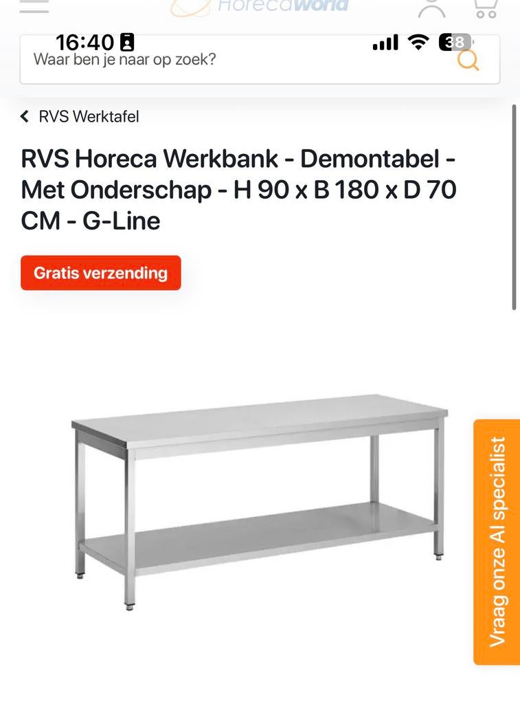 RVS horeca werkbank / rvs bar / tafel, Ophalen, Zo goed als nieuw