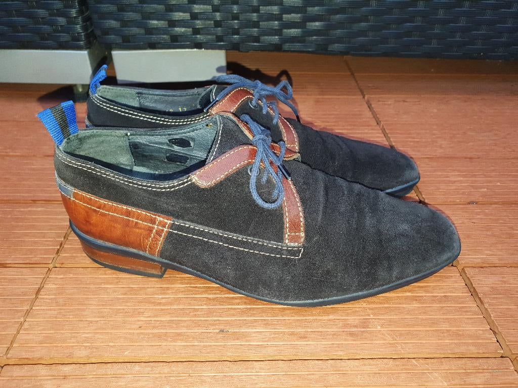 Floris van Bommel mt.40 (6) zwart suede met bruin leer, Kleding | Heren, Schoenen, Zwart, Floris van Bommel, Ophalen of Verzenden