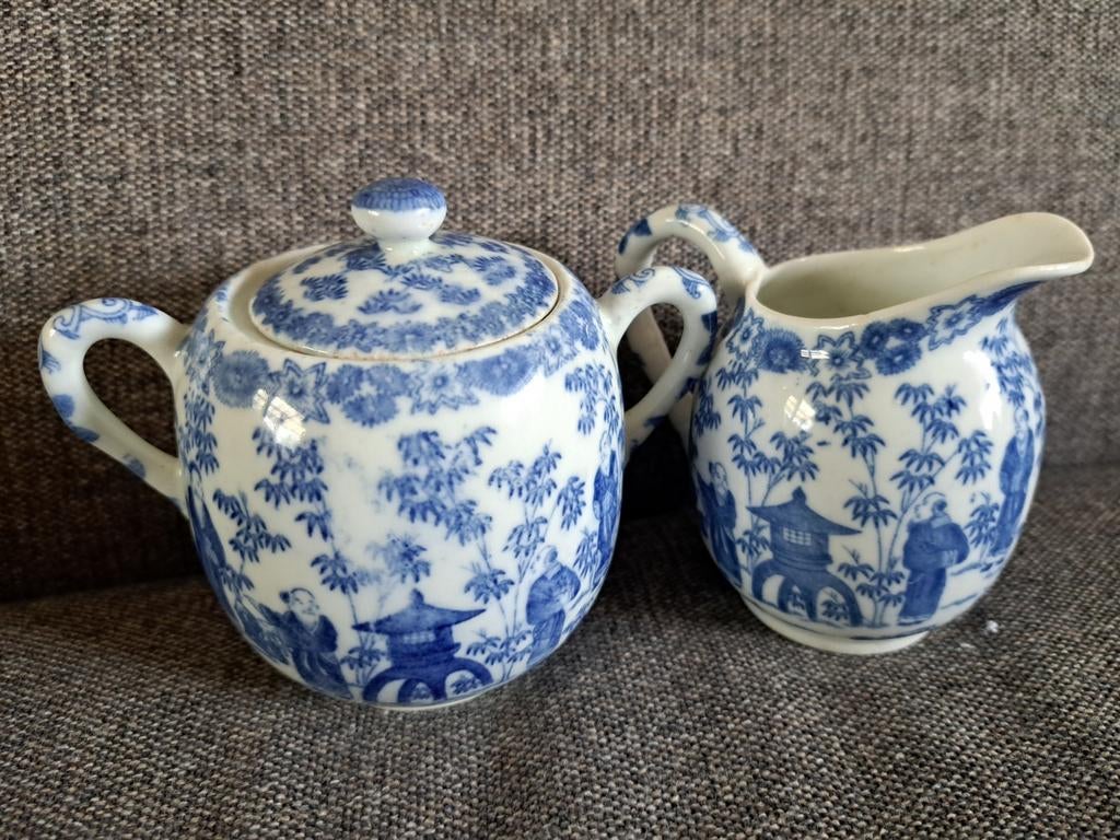 Oude blauw-witte suikerpot en melkkan, Antiek en Kunst, Ophalen of Verzenden