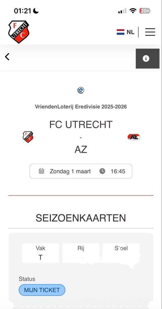 FC Utrecht vs Az, Tickets en Kaartjes, Eén persoon, Maart