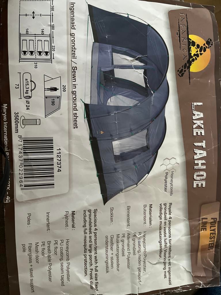 Safarica Lake Tahoe 4-persoons tunneltent met vast grondzeil, Caravans en Kamperen, Tenten, tot en met 4, Gebruikt, Ophalen of Verzenden