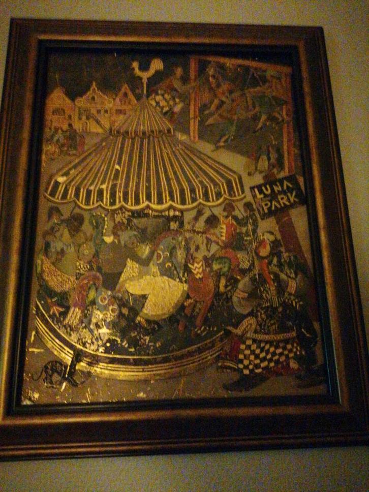 Schilderij kermis tafereel met bladgoud en temperaverf, Antiek en Kunst, Kunst | Schilderijen | Klassiek, Ophalen of Verzenden