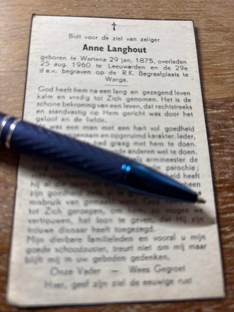 Langhout Anna 1875 Wartena 1960 Leeuwarden -29612, Ophalen of Verzenden, Bidprentje