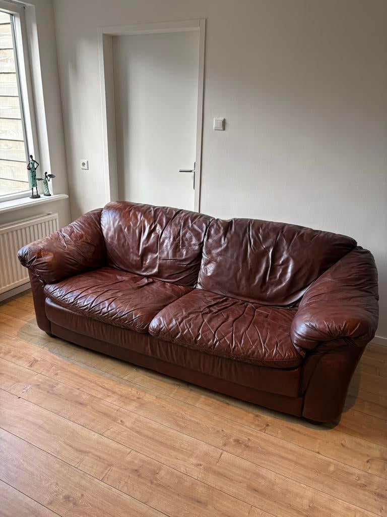 Comfortabele bruine leren bank - 210x95x80 cm, Overige materialen, Gebruikt, 75 cm of meer, 200 cm of meer