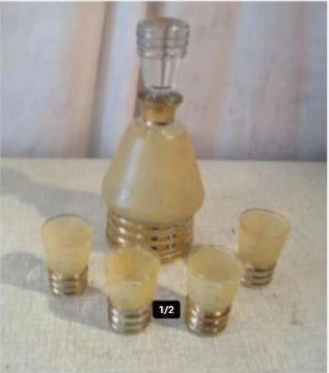 Antieke Set - Speciale Glazen Karaf met 4 drinkglazen, Antiek en Kunst, Antiek | Glas en Kristal, Ophalen of Verzenden