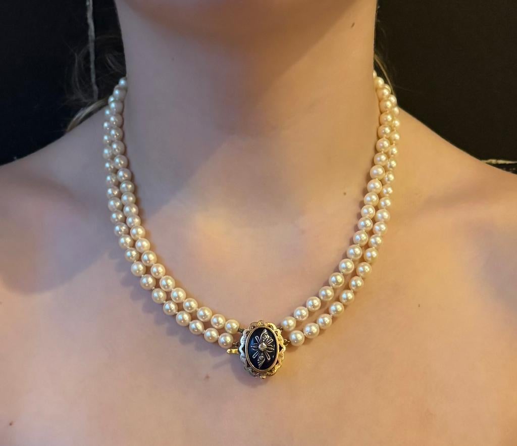 Parel ketting diamanten blauw glas 14k slot uniek dames luxe