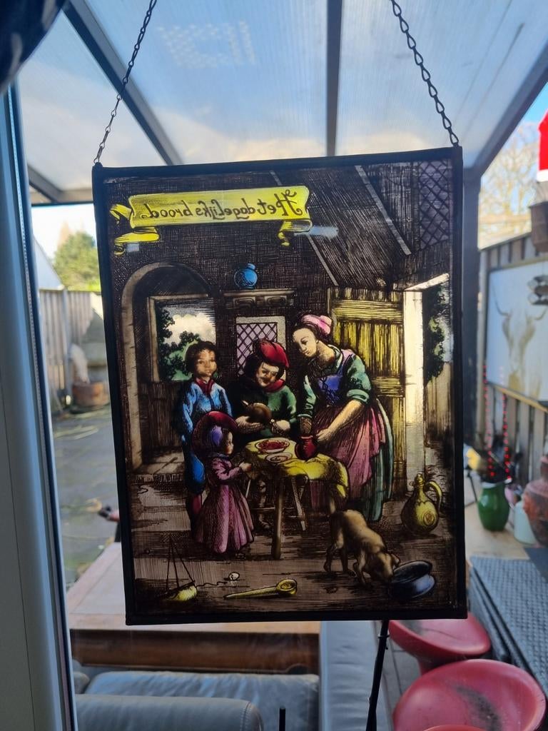 Antiek glas-in-lood paneel: 'Het goede huisgezin', Ophalen of Verzenden