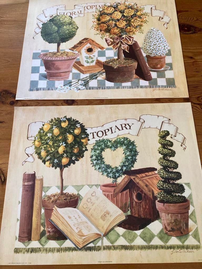 Set van 2 Vintage Topiary Kunst Prints - Gloria Erickson, Minder dan 50 cm, Gebruikt, Ophalen of Verzenden, Print