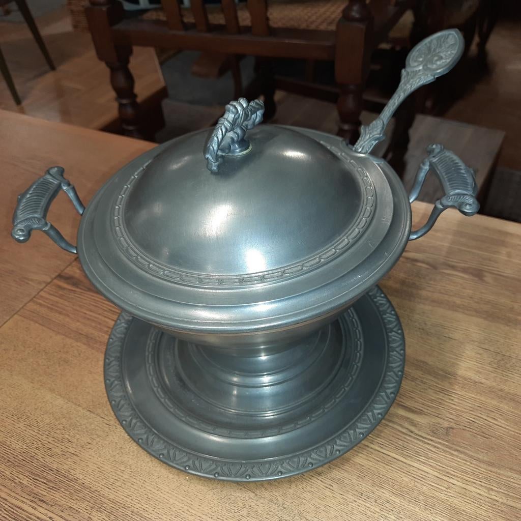 Antieke tinnen soepterrine met lepel en onderbord, Antiek en Kunst, Ophalen of Verzenden