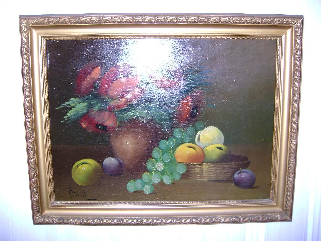 Schilderij fruit met rode bloemen afmeting 53 cm x 41 cm, Antiek en Kunst, Ophalen