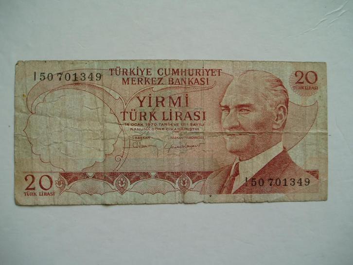 876. Turkije, 20 lirasi 1970(1974) Atatürk., Postzegels en Munten, Bankbiljetten | Azië, Los biljet, Midden-Oosten, Verzenden