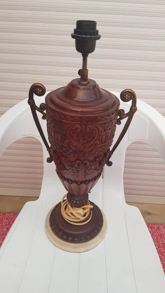 Antieke houten tafellamp met marmeren voet, Ophalen of Verzenden