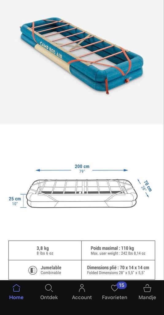 2x Quechua Luchtbed/Matras Base Air, Ophalen, Gebruikt, 2-persoons