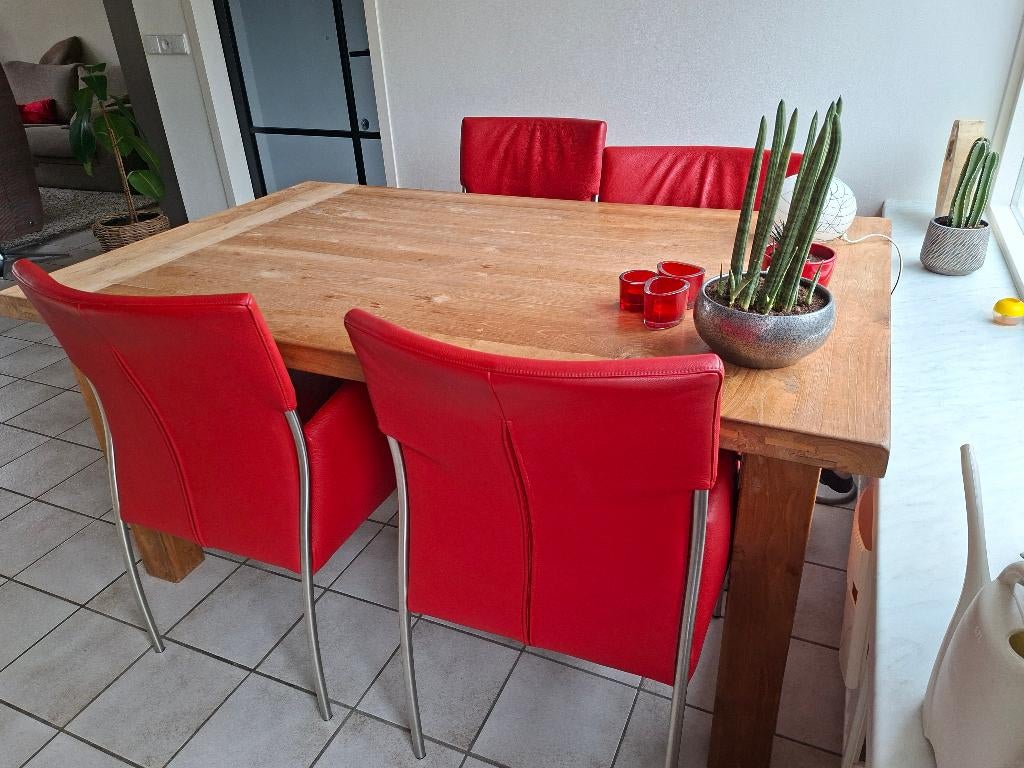 Eethoek: 4 leren stoelen met teakhout tafel, Huis en Inrichting, Stoelen, Ophalen, Gebruikt, Leer, Vier