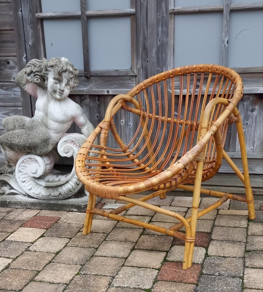 Mid-century, rotan stoel, Rohé Noordwolde jaren 50, Huis en Inrichting, Stoelen, Ophalen, Overige kleuren, Riet of Rotan, Zo goed als nieuw