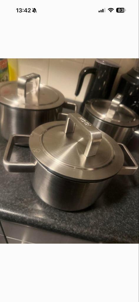 Kooki pannenset RVS - 3-delig, Gebruikt, Inductieplaat, Pannenset, Ophalen of Verzenden