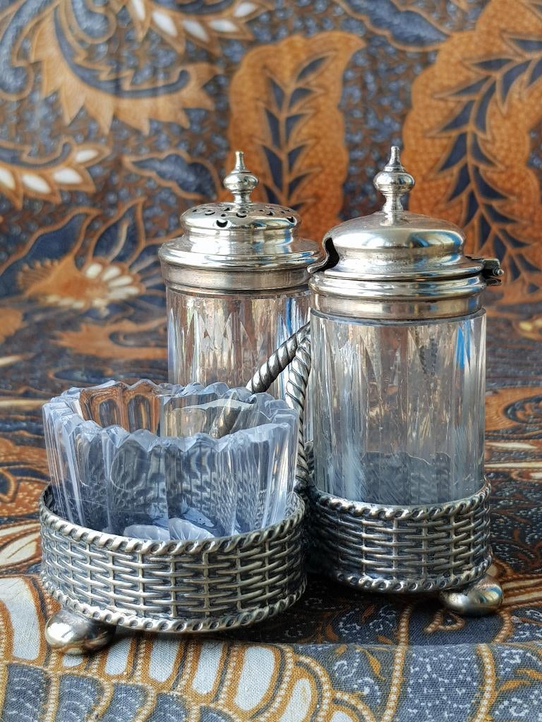 Mooi antiek Engels peper, zout en mosterd in houder uit 1900, Ophalen of Verzenden