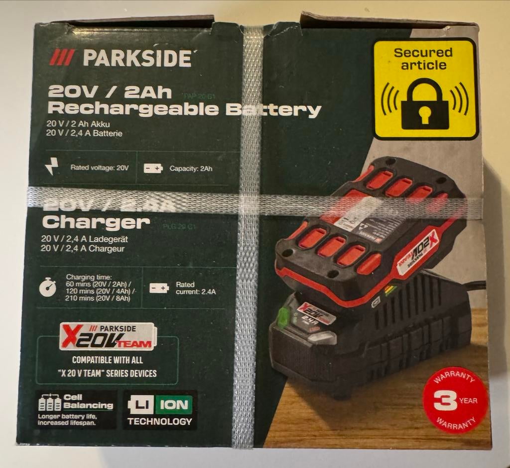 Parkside 20V/2Ah Accu en 20V/2.4A Oplader Set, Doe-het-zelf en Verbouw, Gereedschap | Boormachines, Ophalen of Verzenden, Nieuw