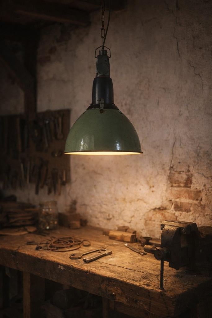 Vintage groene emaille industriële hanglamp (Sovjet-Unie), Huis en Inrichting, Lampen | Hanglampen, Gebruikt, 50 tot 75 cm, Ophalen of Verzenden