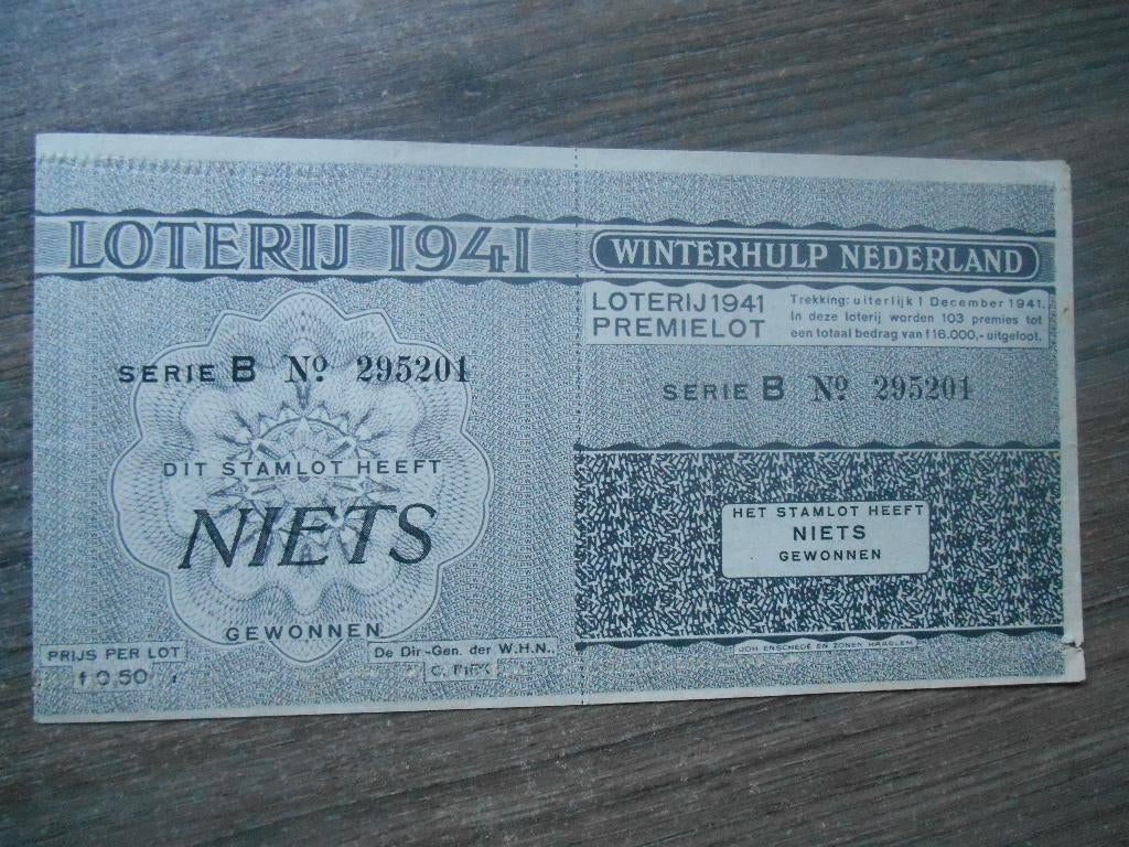 Winterhulp Nederland stamlot loterij 1941 WHN premielot, Verzamelen, Ophalen of Verzenden, Overige soorten, Nederland, Overige typen