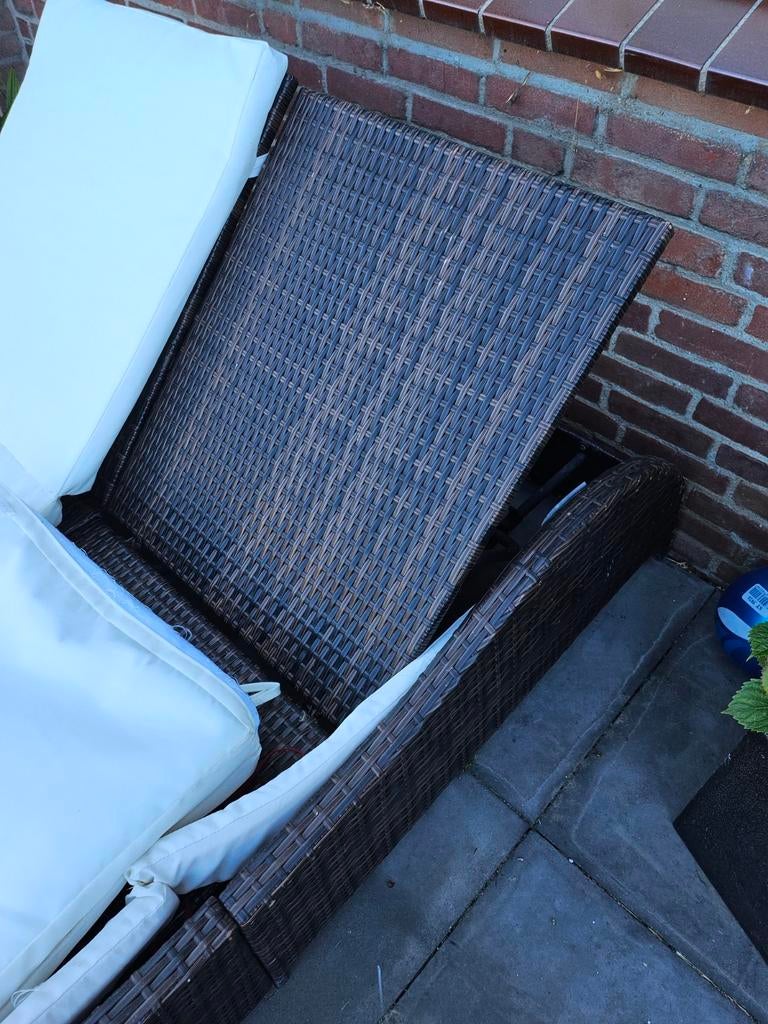 Grote 2-persoons ligbed voor buiten met kussens, Ophalen of Verzenden, Gebruikt, Wicker, Verstelbaar