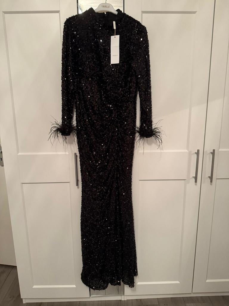 Zwarte Pailletten Jurk met Veren Mouwen - Maat 46, Kleding | Dames, Jurken, Ophalen of Verzenden, Nieuw, Maat 46/48 (XL) of groter