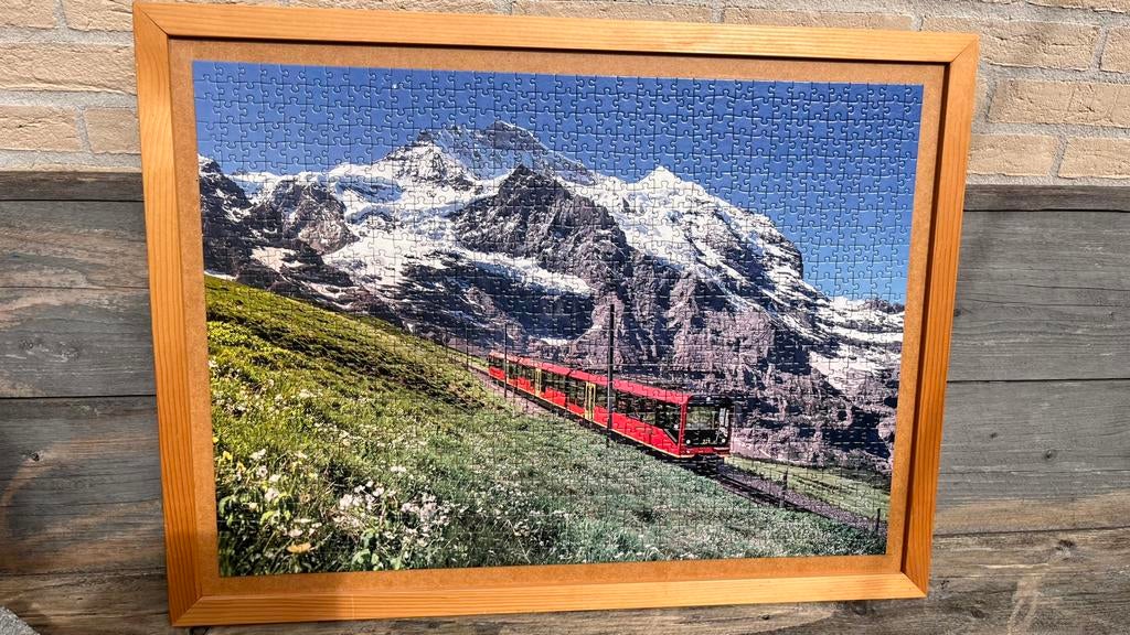 Opgeplakte legpuzzel Jungfrau Bahn ingelijst 80x60 cm, Ophalen of Verzenden