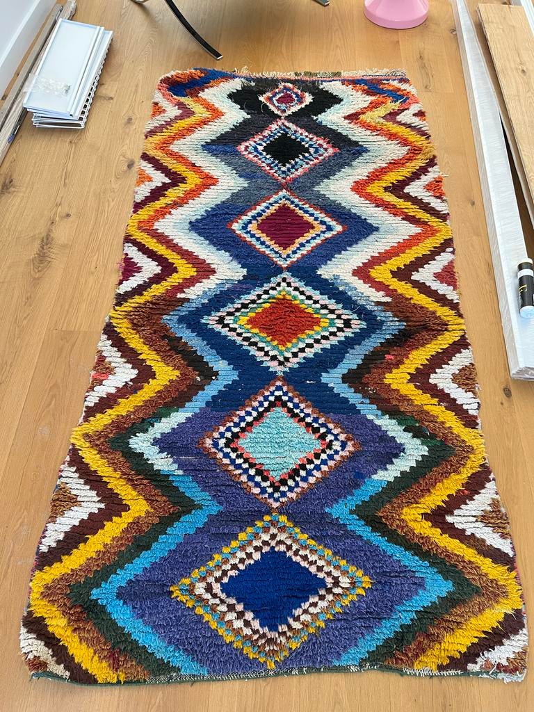 Boucherouite berber tapijt, vintage, kleed kleurrijk, Ophalen, Gebruikt, Blauw, 50 tot 100 cm