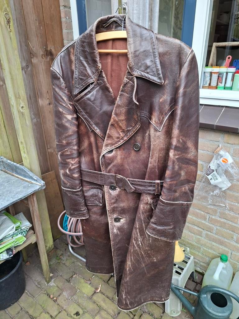 Lange lederen motor jas, Ophalen, Gedragen, Bruin