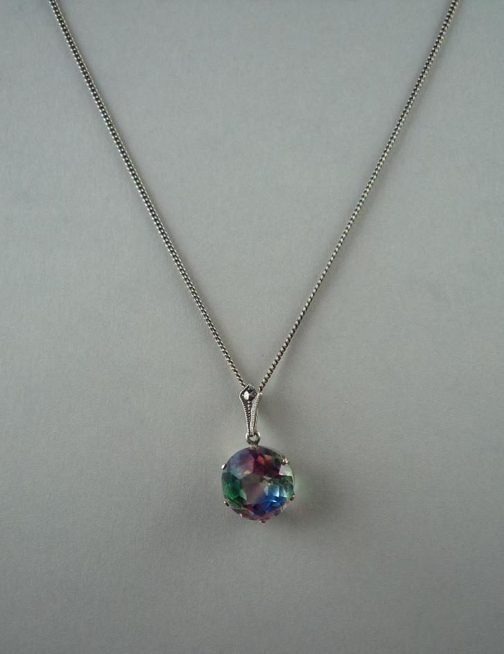 Vintage hanger regenboogkristal + zilveren ketting, art deco, Sieraden, Tassen en Uiterlijk, Antieke sieraden, Hanger, Zilver
