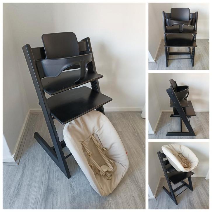 Stokke Tripp Trapp zwart met babyset en newbornset, Kinderen en Baby's, Kinderstoelen, Zo goed als nieuw, Meegroeistoel, Aanschuifbaar