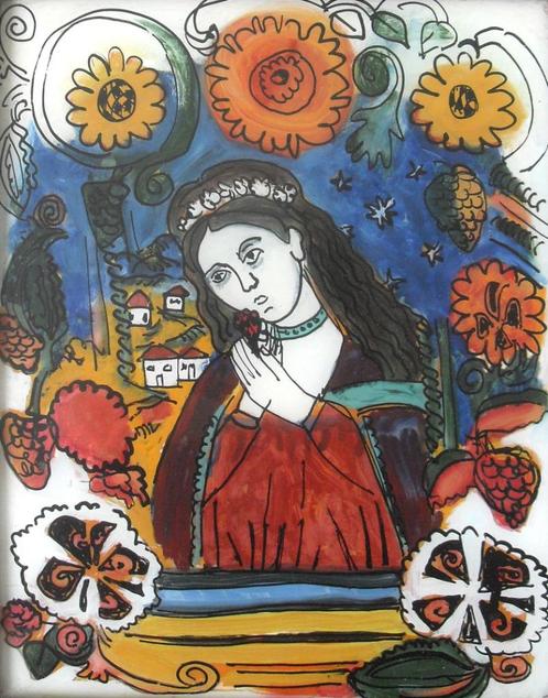 Gina Irajiu - Taranca cu Floare. Glasschilderij, Antiek en Kunst, Kunst | Schilderijen | Klassiek, Ophalen of Verzenden