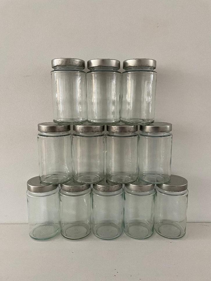 12 glazen potjes met metalen deksel glas - voorraad huwelijk, Huis en Inrichting, Keuken | Keukenbenodigdheden, Gebruikt, Ophalen