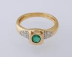 18 karaat Gouden Ring Damesring 12 Diamanten en Smaragd 17.5, Jw, Nieuw, Ophalen of Verzenden, 17 tot 18