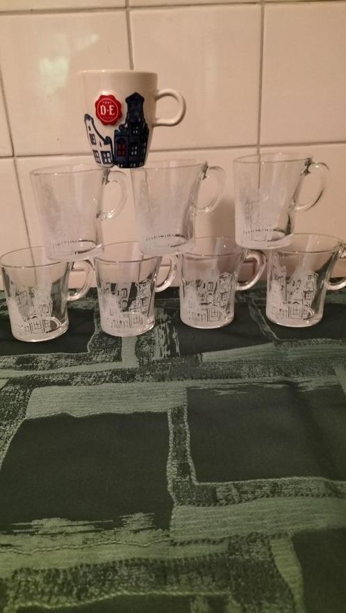 7 Glazen en1 stenen Senseo mokjes opdruk Amsterdamse huisjes, Huis en Inrichting, Keuken | Servies, Nieuw, Kop(pen) en/of Schotel(s)