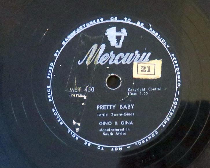 Gino & Gina Pretty baby 78 toeren jukebox wurlitzer Seeburg, Cd's en Dvd's, Vinyl Singles, Gebruikt, Overige typen, Pop, 10 inch