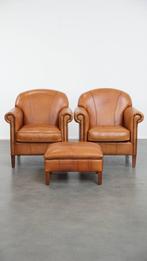 Prachtige set van 2 rundleren fauteuils/ armchairs + hocker, Huis en Inrichting, Fauteuils, Ophalen, Gebruikt, ., Klassiek