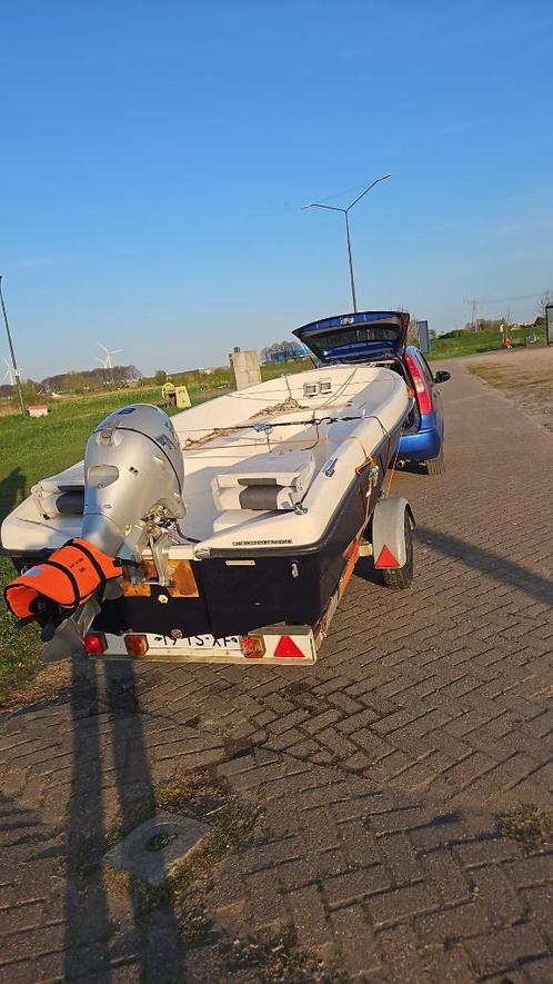 Boot + buitenboordmotor 8pk (met garantie)+ kiepbare trailer, Watersport en Boten, Motorboten en Motorjachten, Gebruikt, Polyester