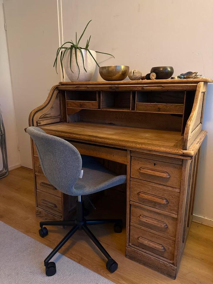 Antiek bureau met rolluik en geheim slot, moet nu weg!, Huis en Inrichting, Bureaus, Gebruikt, Bureau, Ophalen