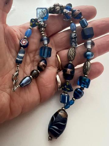 Vintage Murano blauwe glazen kralen ketting+zilveren kralen beschikbaar voor biedingen