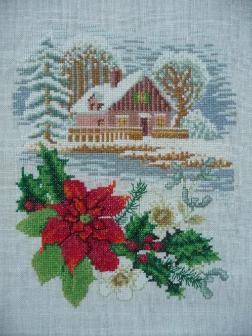 Borduurwerk "Kerstroos - huis", Hobby en Vrije tijd, Borduren en Borduurmachines, Gebruikt, Onderdeel of Toebehoren, Handborduren