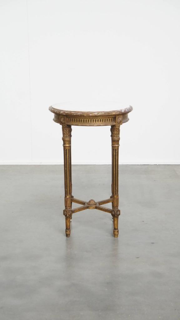 Antieke ronde goudkleurige bijzettafel met marmeren blad, Huis en Inrichting, Tafels | Bijzettafels, Gebruikt, Rond, 60 cm of meer