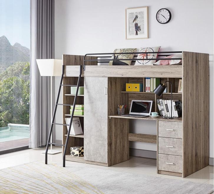 Bart hoogslaper met bureau en kast - 90x200 - Eikenkleur, Huis en Inrichting, Slaapkamer | Stapelbedden en Hoogslapers