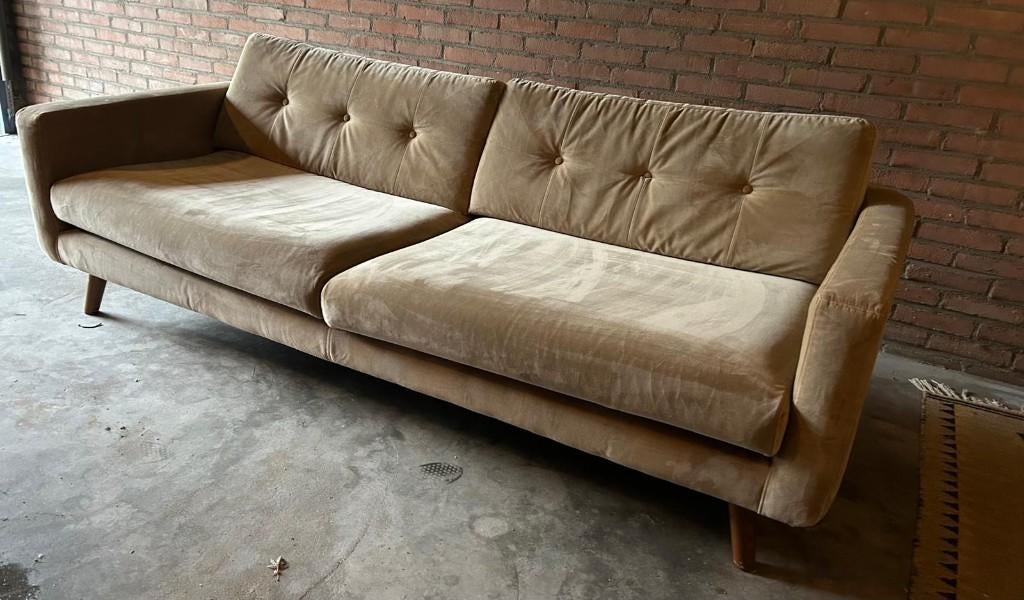 Drie zits bank Sofa Company, model Conrad, Velours mat Beige, Huis en Inrichting, Banken | Bankstellen, Ophalen, Gebruikt, Klassiek