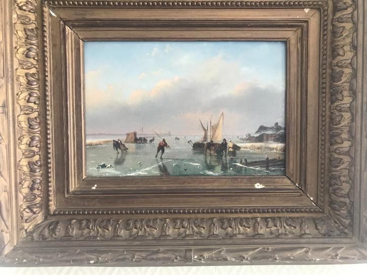 olieverf paneel ijspret 19 eeuw n.j.roosenboom schelfhout, Antiek en Kunst, Kunst | Schilderijen | Klassiek, Ophalen